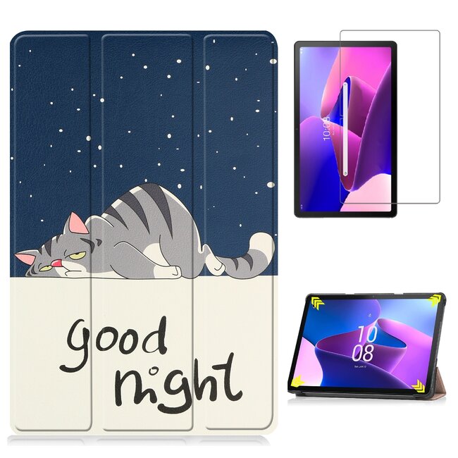 Case2go - Tablet hoes & Screenprotector geschikt voor Lenovo Tab M10 (3e generatie) (TB328FU, TB328XU) - 10.1 inch - Tri-Fold Book Case met Auto/Wake functie - Good night