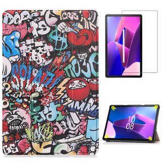 Case2go Case2go - Tablet hoes & Screenprotector geschikt voor Lenovo Tab M10 (3e generatie) (TB328FU, TB328XU) - 10.1 inch - Tri-Fold Book Case met Auto/Wake functie - Graffiti