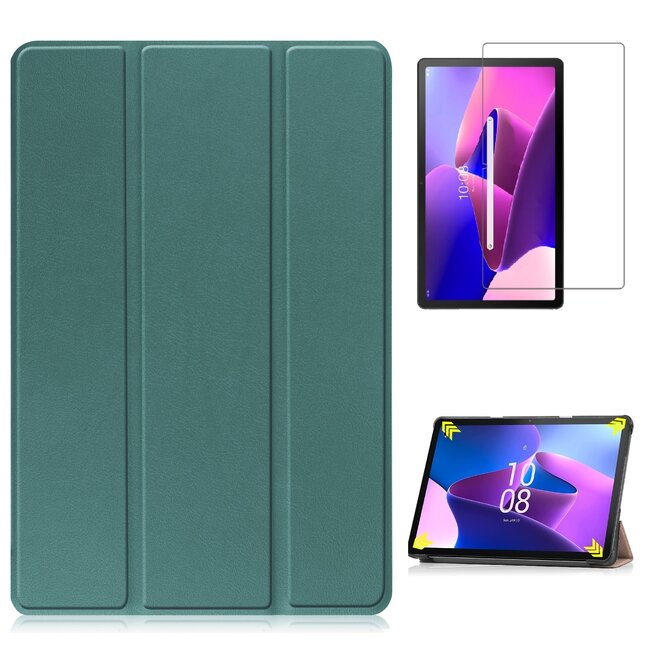 Case2go - Tablet hoes & Screenprotector geschikt voor Lenovo Tab M10 (3e generatie) (TB328FU, TB328XU) - 10.1 inch - Tri-Fold Book Case met Auto/Wake functie - Donker Groen