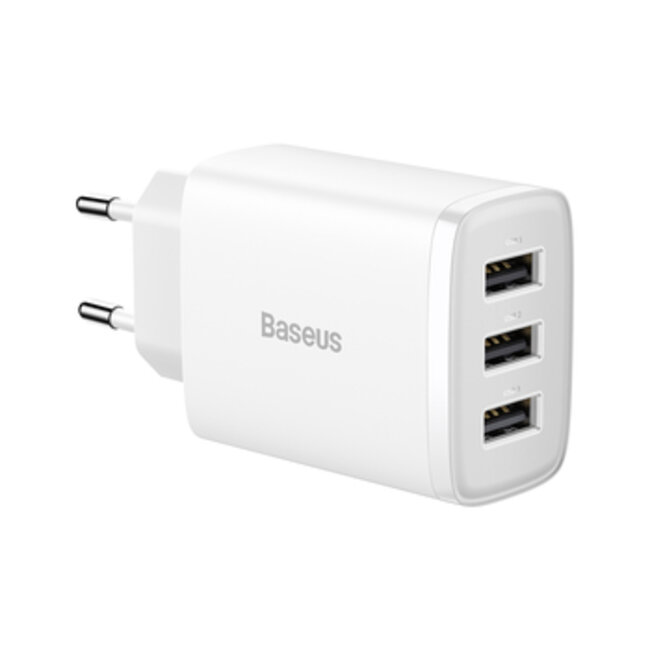 Baseus - Compacte USB oplader - Met 3 USB poorten - Geschikt voor USB Aansluiting  - 17W - Wit