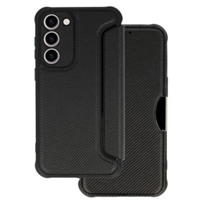 Case2go - Telefoonhoesje geschikt voor Samsung Galaxy S23 Ultra - Razor Carbon Book case - Zwart