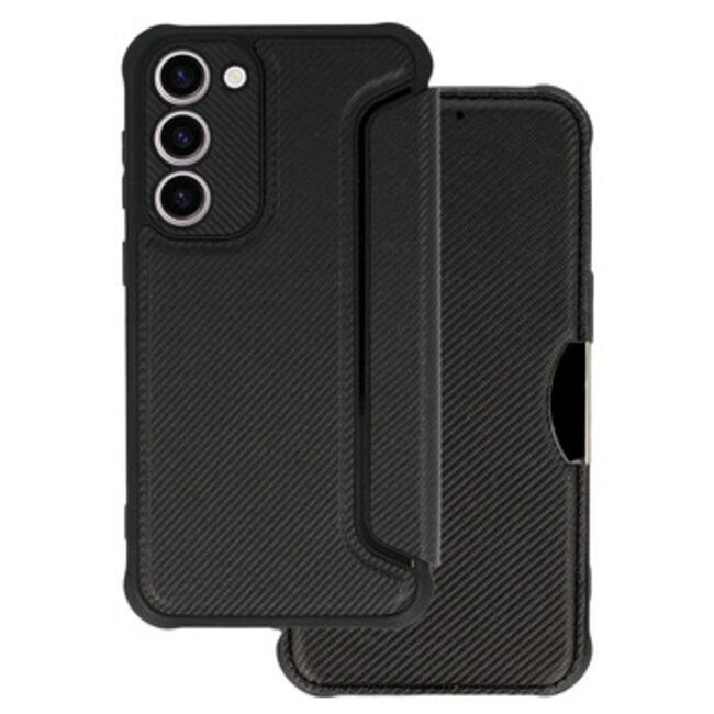 Case2go - Telefoonhoesje geschikt voor Samsung Galaxy S23 Plus - Razor Carbon Book case - Zwart