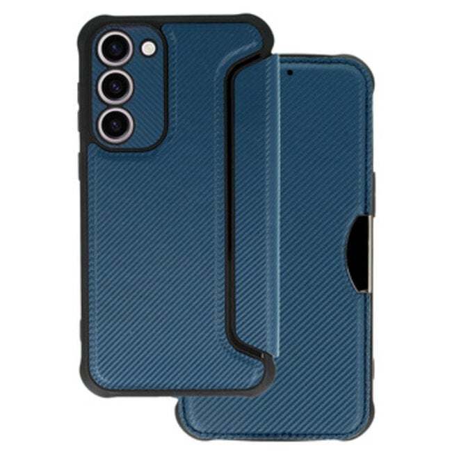 Case2go - Telefoonhoesje geschikt voor Samsung Galaxy S23 Plus - Razor Carbon Book case - Marine Blauw