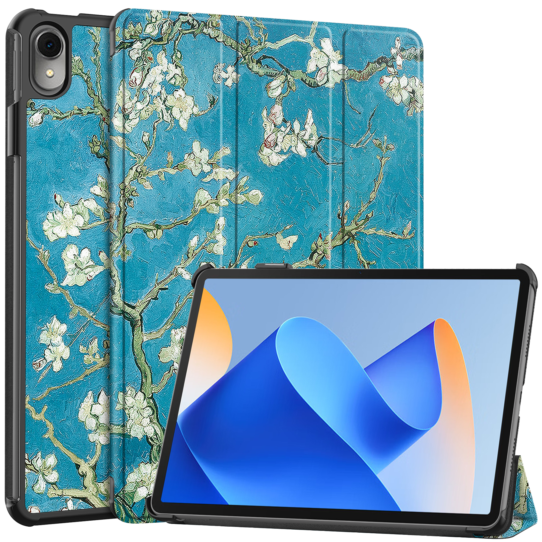 Case2go - Tablet hoes geschikt voor Huawei MatePad 11 (2023) - Tri-Fold Book Case - Auto Wake/Sleep functie - Witte Bloesem afbeelding