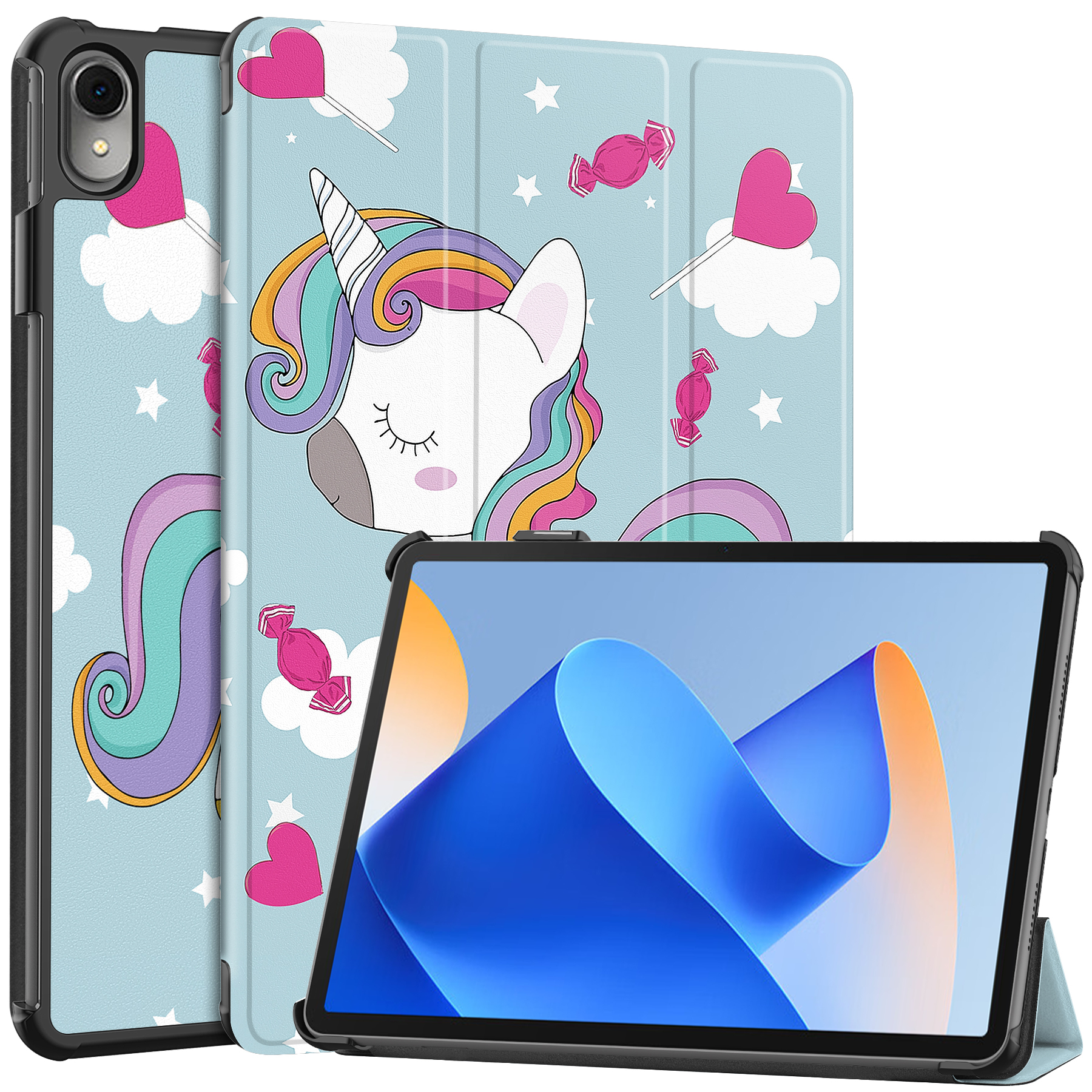 Case2go - Tablet hoes geschikt voor Huawei MatePad 11 (2023) - Tri-Fold Book Case - Auto Wake/Sleep functie - Eenhoorn afbeelding