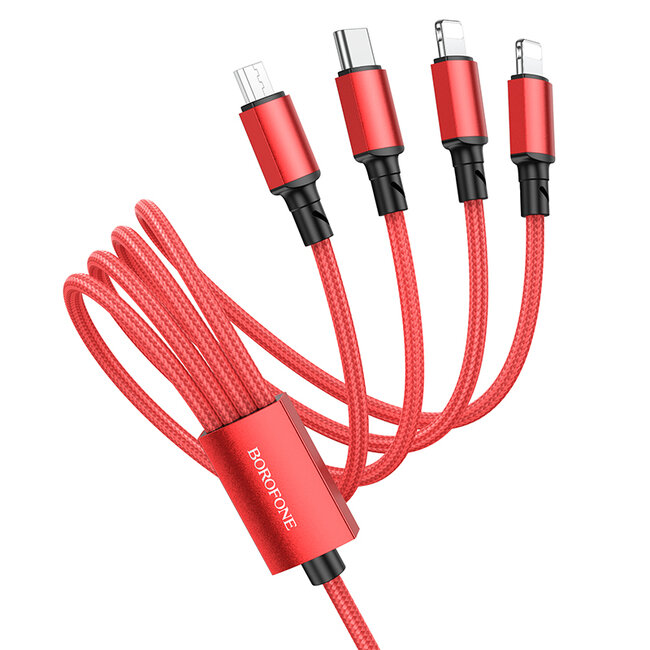 Borofone - 4 in 1 oplaadkabel - USB naar USB-C, Micro USB en 2x Lightning - 1 meter - 2A - Rood