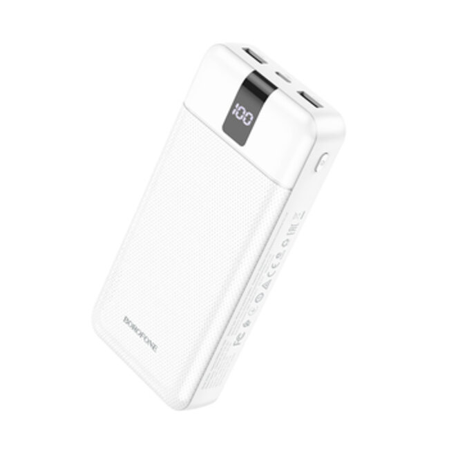 Borofone - Powerbank 20000 mAH - Incl. 2x USB aansluiting - Met 3 (Micro USB, Type C, Lightning) kabels - Met LED Display - Wit