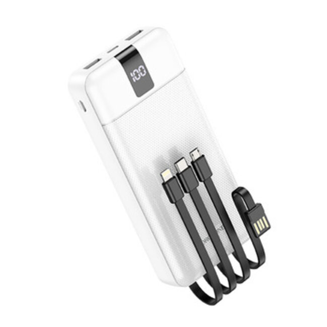 Borofone - Powerbank 20000 mAH - Incl. 2x USB aansluiting - Met 3 (Micro USB, Type C, Lightning) kabels - Met LED Display - Wit