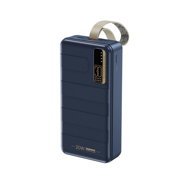 Remax - Powerbank 30000 mAH - 1x USB, Type-C en Micro USB aansluiting - Met Batterij indicator - 20W - Blauw