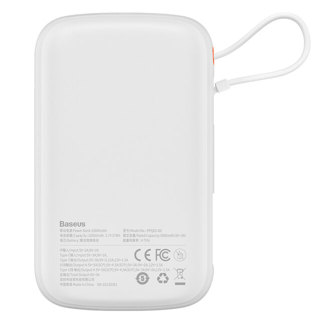 Baseus - Powerbank 10000 mAH - 1x USB en 1x Type-C aansluiting - Incl. Type-C kabel - Led Display - 22.5W - Wit
