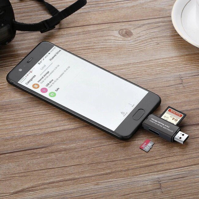 SD Kaartlezer USB voor Micro SD kaart - SD kaart - Geschikt voor Telefoon, PC en Tablet met Micro USB aansluiting - Zwart