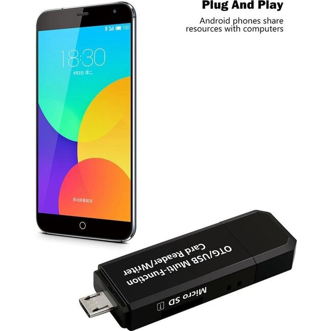 SD Kaartlezer USB voor Micro SD kaart - SD kaart - Geschikt voor Telefoon, PC en Tablet met Micro USB aansluiting - Zwart