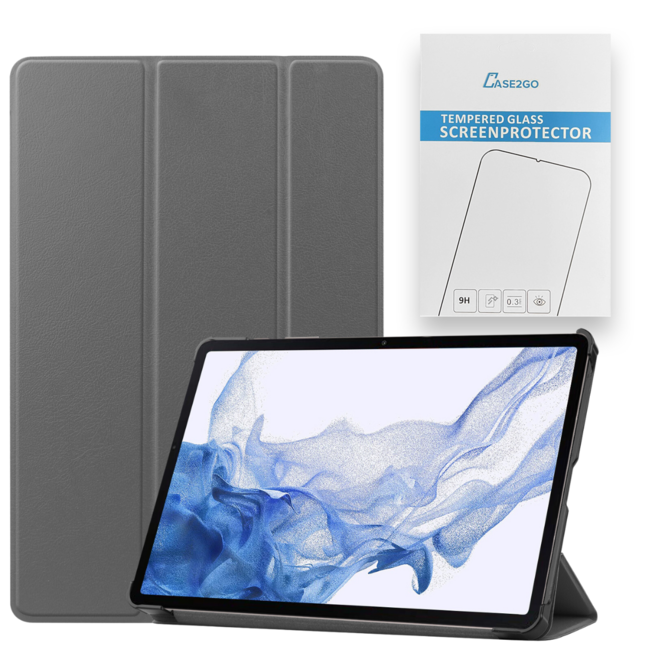 Tablethoes en Screenprotector geschikt voor Samsung Galaxy Tab S9 (2023) - Tri-fold hoes met Auto/Wake functie en Magnetische sluiting - Grijs