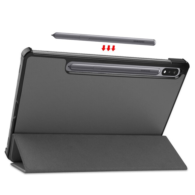 Tablethoes en Screenprotector geschikt voor Samsung Galaxy Tab S9 (2023) - Tri-fold hoes met Auto/Wake functie en Magnetische sluiting - Grijs