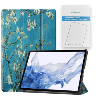Case2go Tablethoes en Screenprotector geschikt voor Samsung Galaxy Tab S9 Plus (2023) - Tri-fold hoes met Auto/Wake functie en Magnetische sluiting - Witte Bloesem