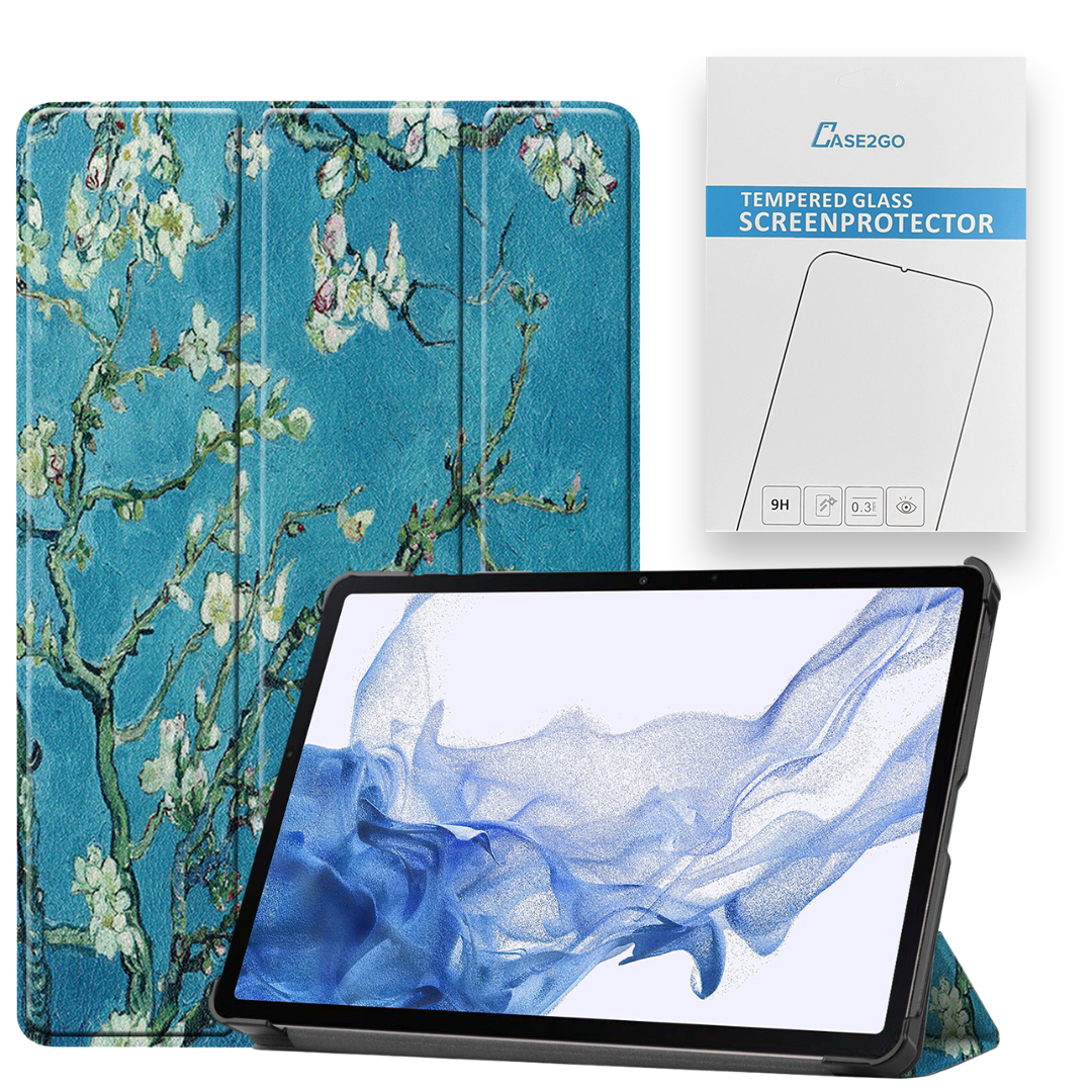 Tablethoes en Screenprotector geschikt voor Samsung Galaxy Tab S9 Plus (2023) - Tri-fold hoes met Auto/Wake functie en Magnetische sluiting - Witte Bloesem afbeelding