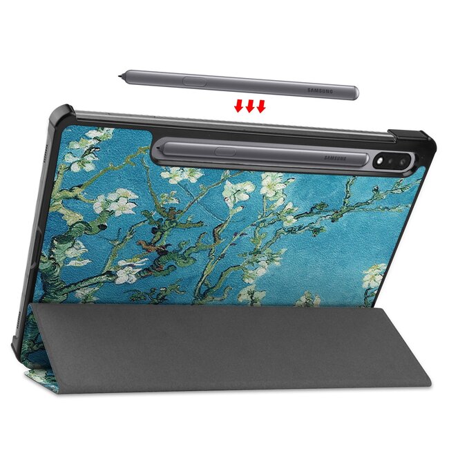 Tablethoes en Screenprotector geschikt voor Samsung Galaxy Tab S9 Plus (2023) - Tri-fold hoes met Auto/Wake functie en Magnetische sluiting - Witte Bloesem