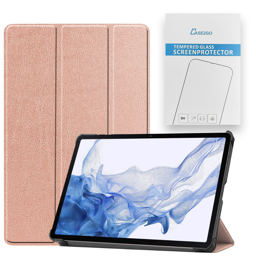 Tablethoes en Screenprotector geschikt voor Samsung Galaxy Tab S9 Plus (2023) - Tri-fold hoes met Auto/Wake functie en Magnetische sluiting - Rose Goud afbeelding