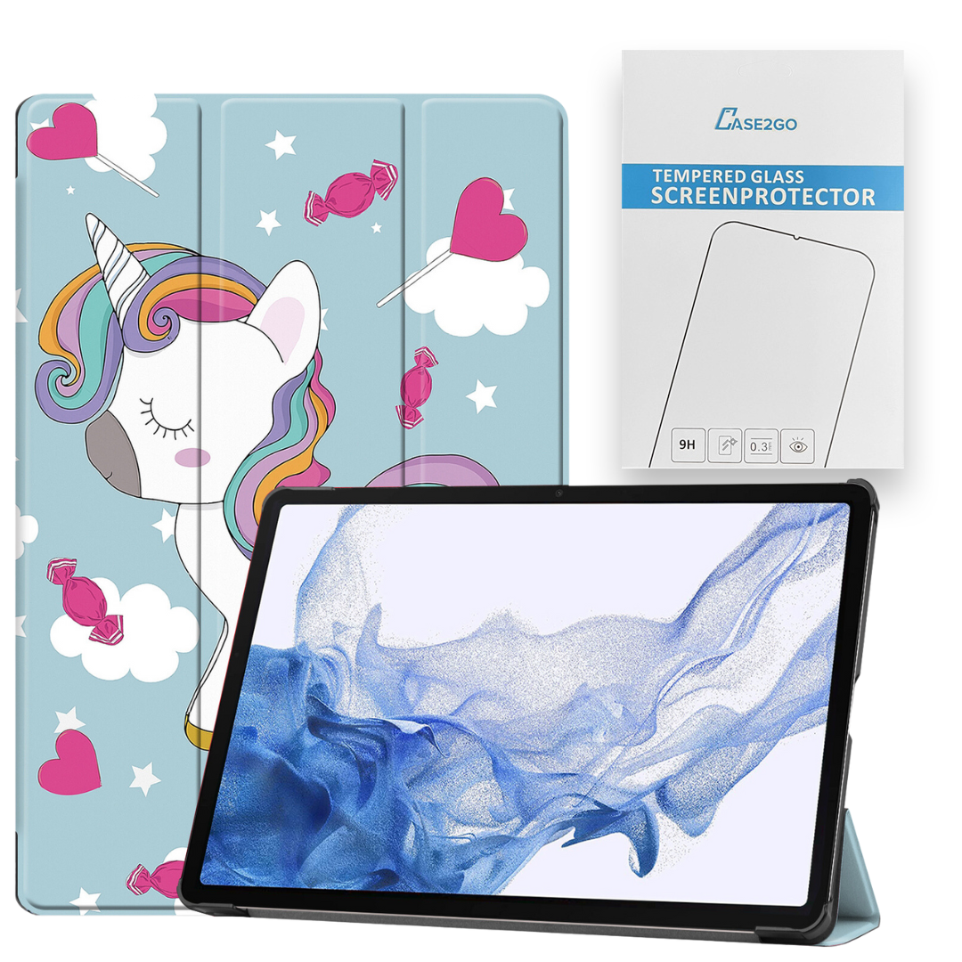 Tablethoes en Screenprotector geschikt voor Samsung Galaxy Tab S9 Plus (2023) - Tri-fold hoes met Auto/Wake functie en Magnetische sluiting - Eenhoorn afbeelding