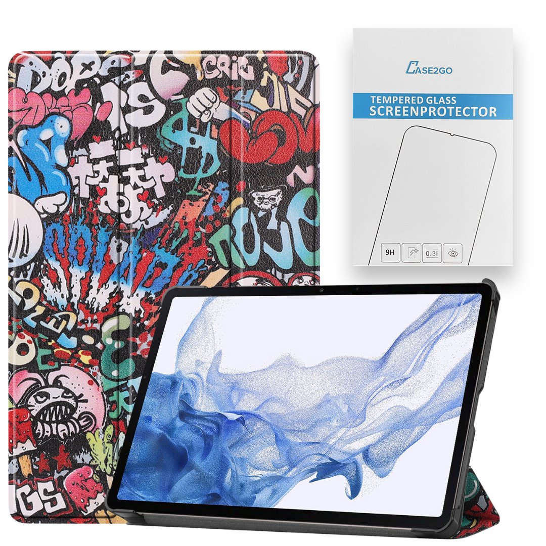 Tablethoes en Screenprotector geschikt voor Samsung Galaxy Tab S9 Plus (2023) - Tri-fold hoes met Auto/Wake functie en Magnetische sluiting - Graffiti afbeelding