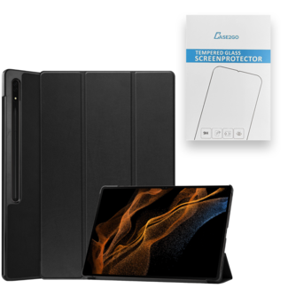 Case2go Tablethoes en Screenprotector geschikt voor Samsung Galaxy Tab S9 Ultra (2023) - Tri-fold hoes met Auto/Wake functie en Magnetische sluiting - Zwart