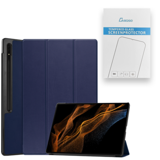 Case2go Tablethoes en Screenprotector geschikt voor Samsung Galaxy Tab S9 Ultra (2023) - Tri-fold hoes met Auto/Wake functie en Magnetische sluiting - Donker Blauw