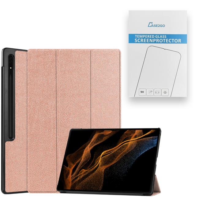 Tablethoes en Screenprotector geschikt voor Samsung Galaxy Tab S9 Ultra (2023) - Tri-fold hoes met Auto/Wake functie en Magnetische sluiting - Rose Goud