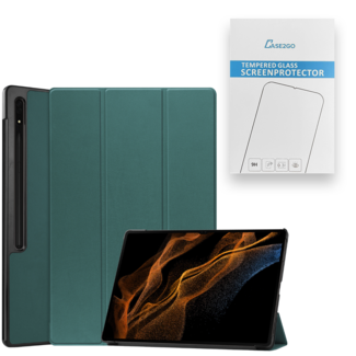 Case2go Tablethoes en Screenprotector geschikt voor Samsung Galaxy Tab S9 Ultra (2023) - Tri-fold hoes met Auto/Wake functie en Magnetische sluiting - Groen