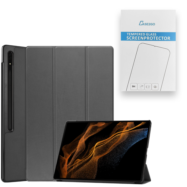Tablethoes en Screenprotector geschikt voor Samsung Galaxy Tab S9 Ultra (2023) - Tri-fold hoes met Auto/Wake functie en Magnetische sluiting - Grijs