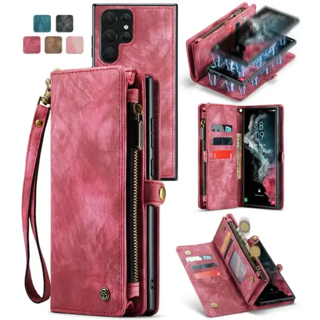 CaseMe - Telefoonhoesje geschikt voor Samsung Galaxy S22 Ultra - 2 in 1 Book Case en Back Cover - Rood