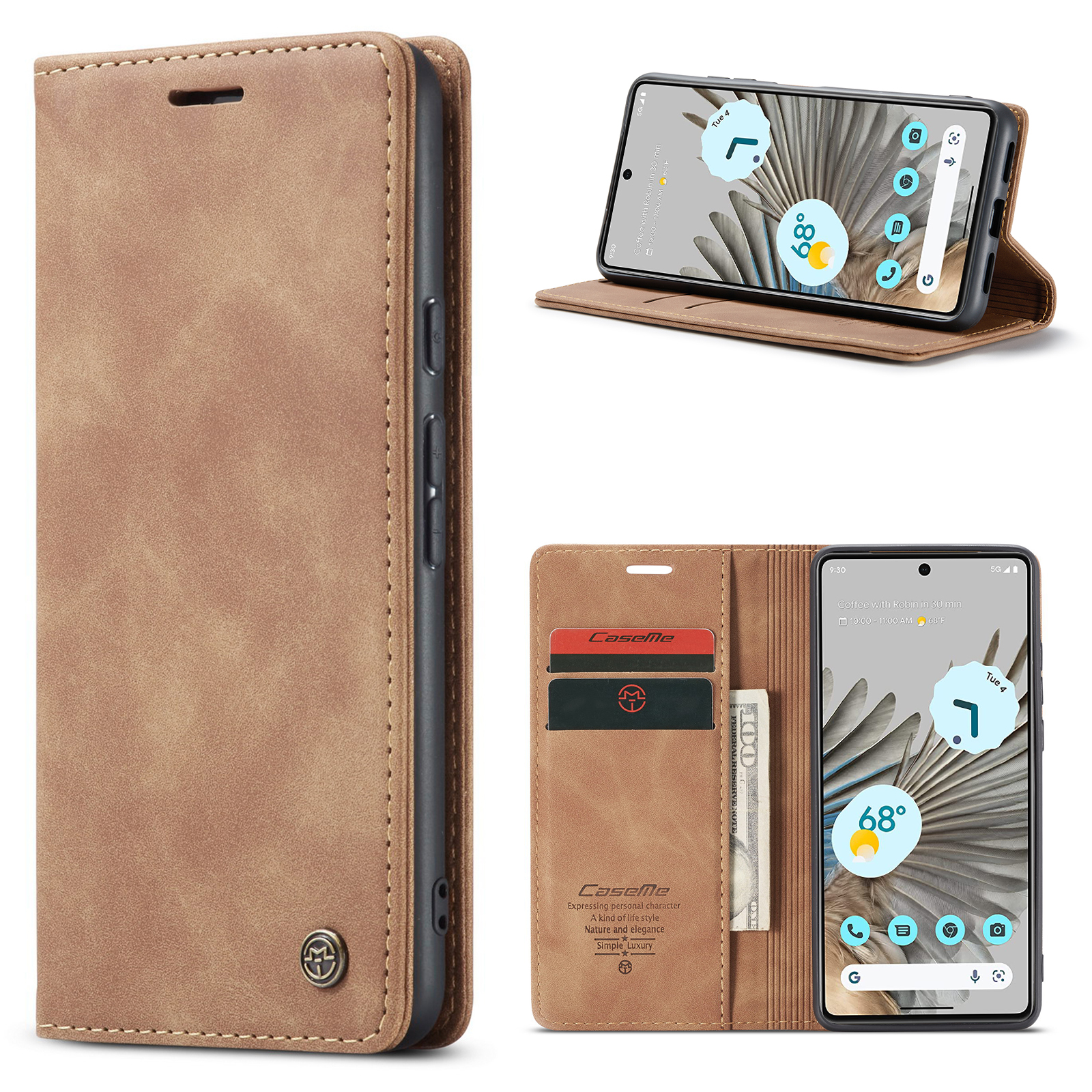 CaseMe - Telefoonhoesje geschikt voor Google Pixel 8 - Wallet Book Case - Met Magnetische Sluiting - Licht Bruin afbeelding