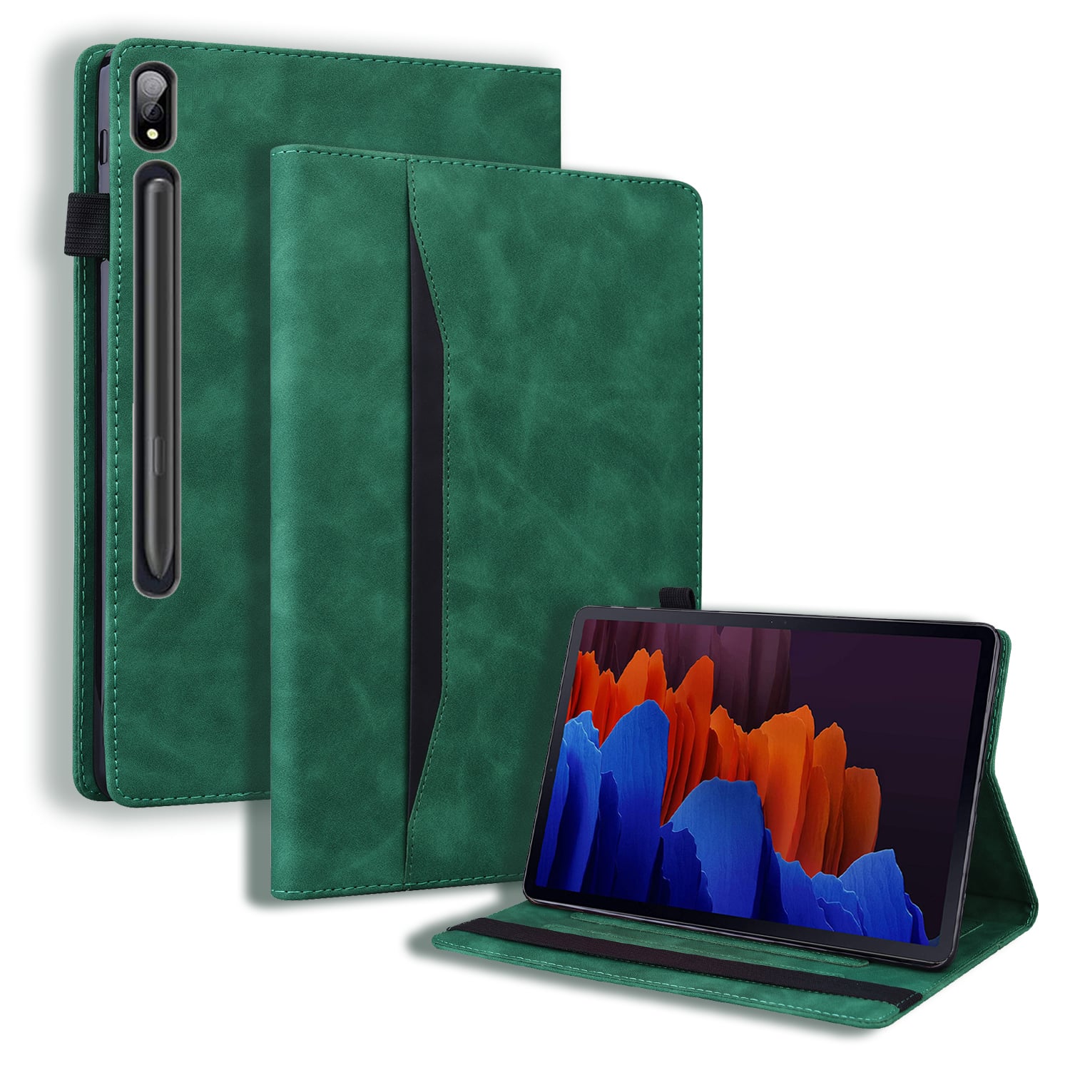 Case2go - Tablet hoes geschikt voor Samsung Galaxy Tab S7 Plus (2020) - Business Wallet Book Case - Met pasjeshouder - Groen afbeelding