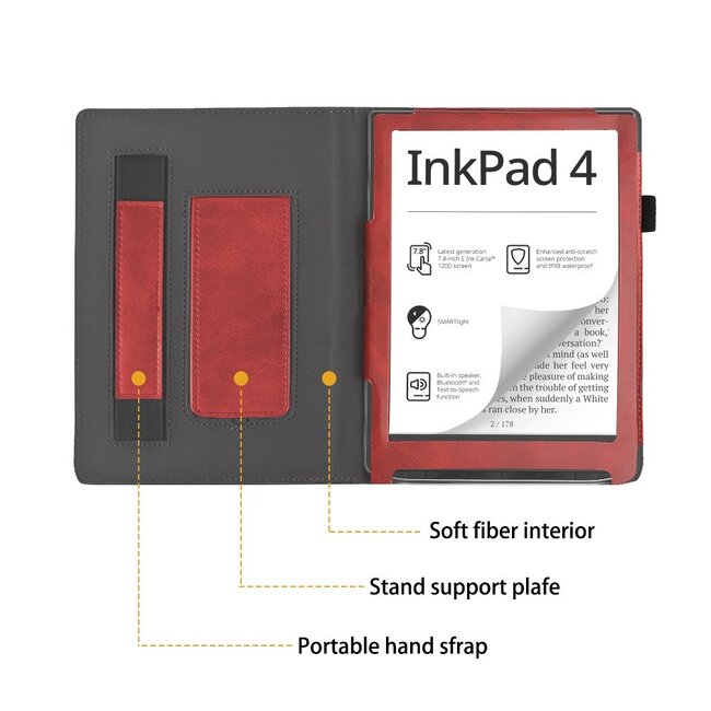 Case2go - E-reader hoes geschikt voor Pocketbook Inkpad 4/ Inkpad color 2 en 3 - Sleepcover - Auto/Wake functie - Met handstrap - Rood