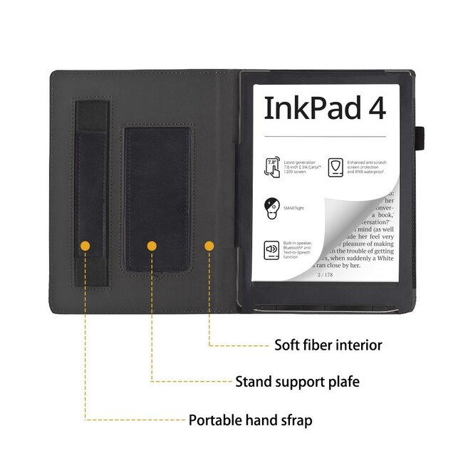 Case2go - E-reader hoes geschikt voor Pocketbook Inkpad 4/ Inkpad color 2 en 3 - Sleepcover - Auto/Wake functie - Met handstrap - Zwart
