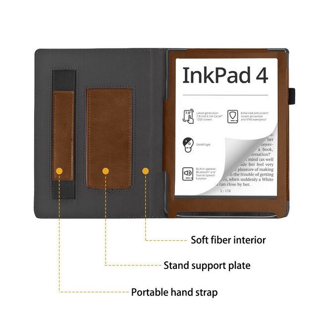 Case2go - E-reader hoes geschikt voor Pocketbook Inkpad 4/ Inkpad color 2 en 3 - Sleepcover - Auto/Wake functie - Met handstrap - Bruin
