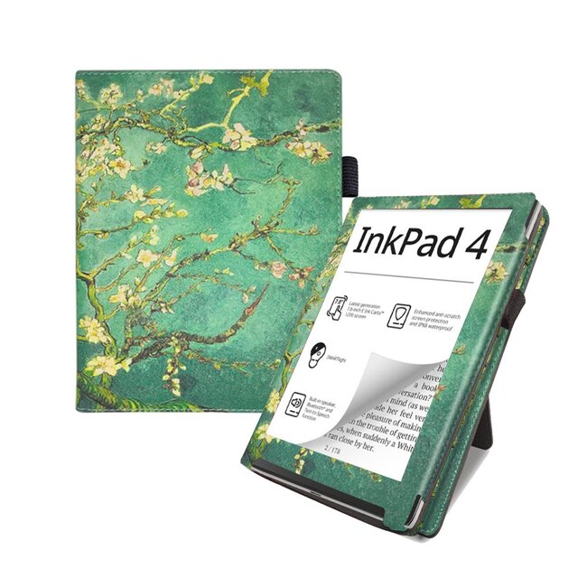 Case2go - E-reader hoes geschikt voor Pocketbook Inkpad 4/ Inkpad color 2 en 3 - Sleepcover - Auto/Wake functie - Met handstrap - Witte Bloesem