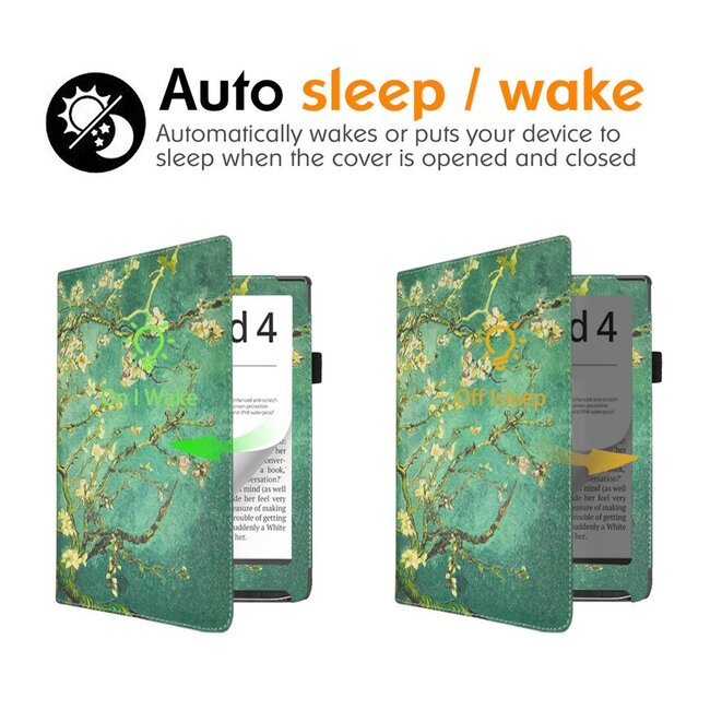 Case2go - E-reader hoes geschikt voor Pocketbook Inkpad 4/ Inkpad color 2 en 3 - Sleepcover - Auto/Wake functie - Met handstrap - Witte Bloesem