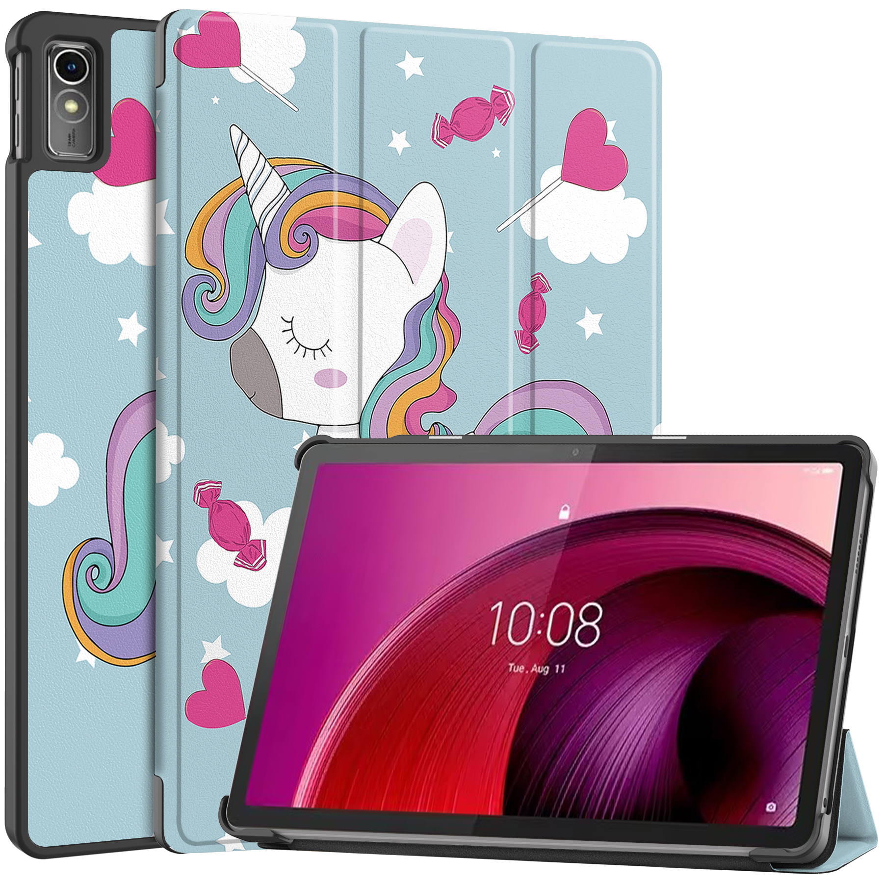 Case2go - Tablet hoes geschikt voor Lenovo Tab M10 5G - Tri-Fold Book Case - Auto/Wake functie - Eenhoorn afbeelding