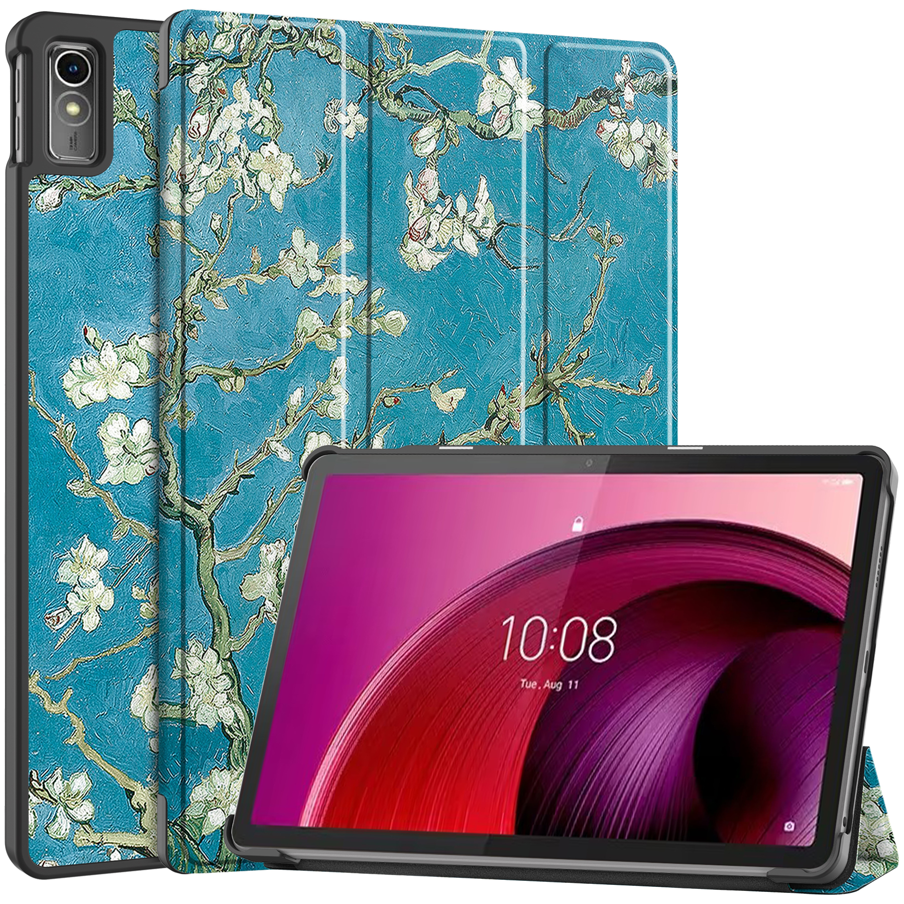 Case2go - Tablet hoes geschikt voor Lenovo Tab M10 5G - Tri-Fold Book Case - Auto/Wake functie - Witte Bloesem afbeelding
