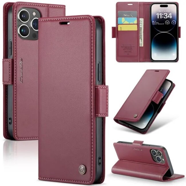 CaseMe - Hoesje geschikt voor iPhone 15 Pro - Retro Wallet Book Case - Met Magnetische Sluiting - Rood