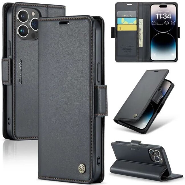 CaseMe - Hoesje geschikt voor iPhone 15 Pro - Retro Wallet Book Case - Met Magnetische Sluiting - Zwart