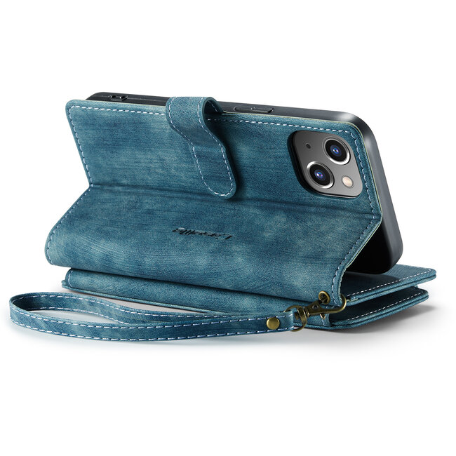 CaseMe - Hoesje geschikt voor iPhone 15 - Vintage Wallet Book Case Ritssluiting - Met Magneetsluiting - Blauw