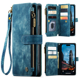 CaseMe CaseMe - Hoesje geschikt voor iPhone 15 Pro Max - Vintage Wallet Book Case Ritssluiting - Met Magneetsluiting - Blauw