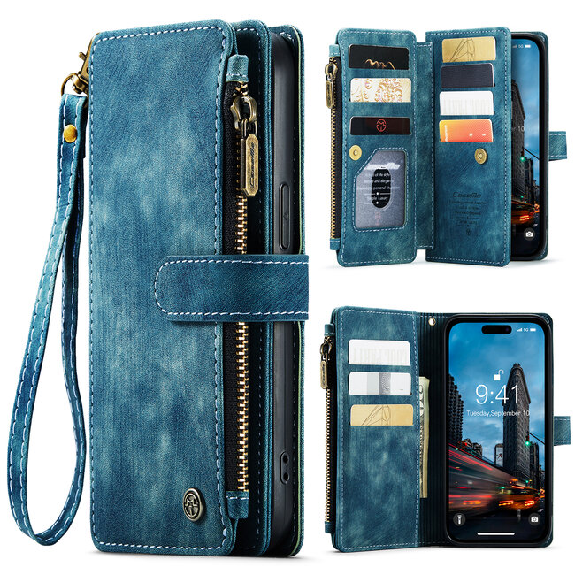 CaseMe - Hoesje geschikt voor iPhone 15 Pro Max - Vintage Wallet Book Case Ritssluiting - Met Magneetsluiting - Blauw