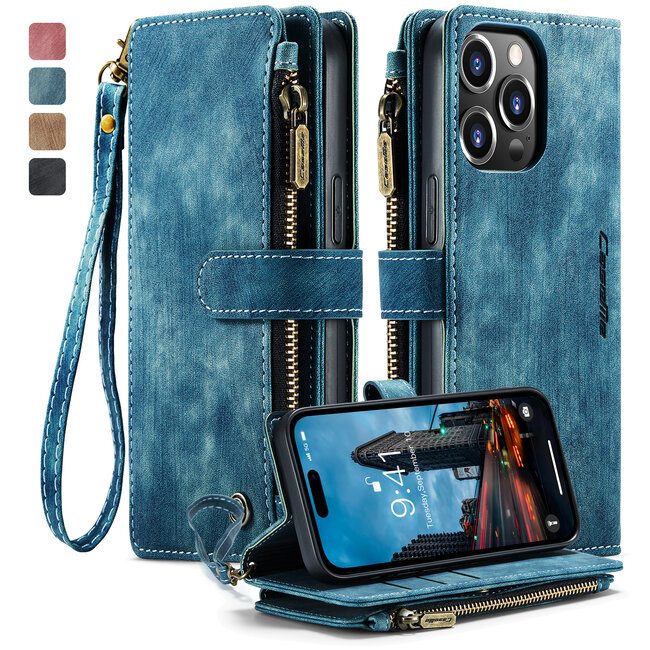 CaseMe - Hoesje geschikt voor iPhone 15 Pro Max - Vintage Wallet Book Case Ritssluiting - Met Magneetsluiting - Blauw
