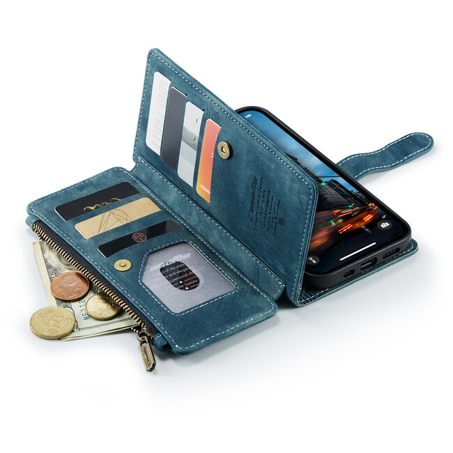 CaseMe - Hoesje geschikt voor iPhone 15 Pro Max - Vintage Wallet Book Case Ritssluiting - Met Magneetsluiting - Blauw