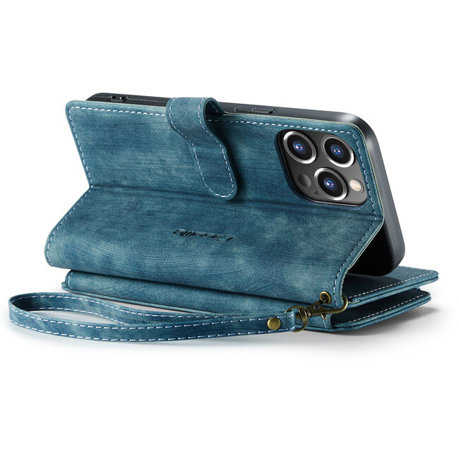 CaseMe - Hoesje geschikt voor iPhone 15 Pro Max - Vintage Wallet Book Case Ritssluiting - Met Magneetsluiting - Blauw