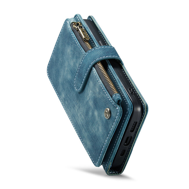 CaseMe - Hoesje geschikt voor iPhone 15 Pro Max - Vintage Wallet Book Case Ritssluiting - Met Magneetsluiting - Blauw