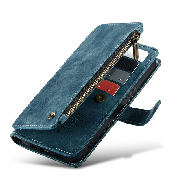 CaseMe - Hoesje geschikt voor iPhone 15 Pro Max - Vintage Wallet Book Case Ritssluiting - Met Magneetsluiting - Blauw
