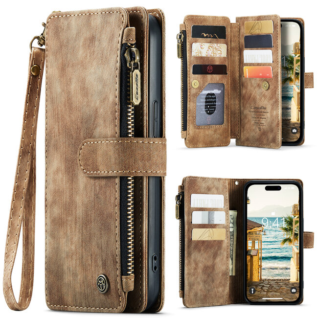 CaseMe - Hoesje geschikt voor iPhone 15 Pro Max - Vintage Wallet Book Case Ritssluiting - Met Magneetsluiting - Bruin